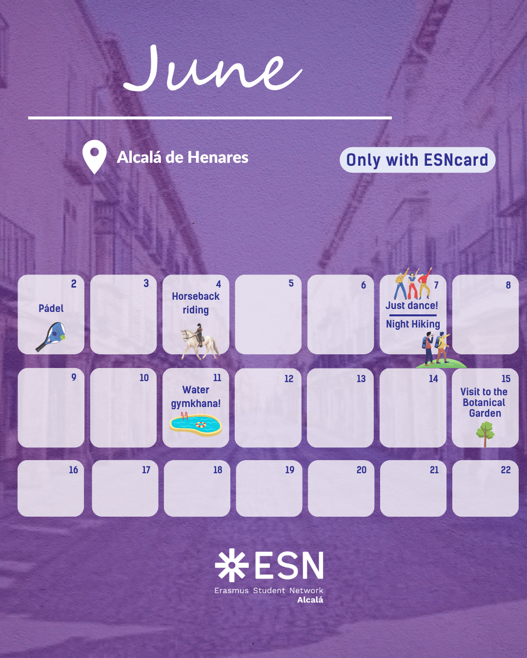 Calendar for ESN Alcala June 2025 activities
