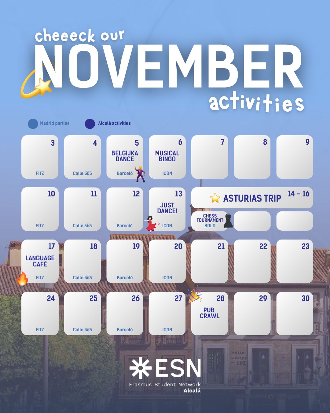 Calendar for ESN Alcala November 2025 activities